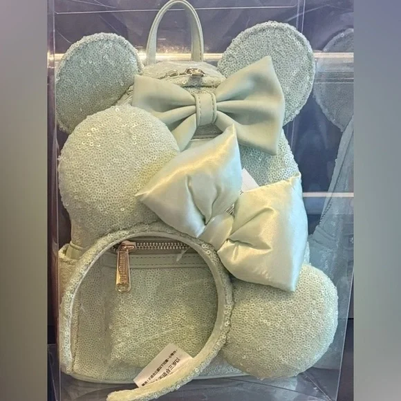 Disney Mint Sequin Loungefly Backpack with matching Ears - Picture 2 of 2